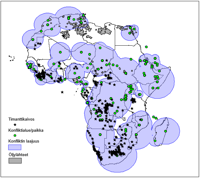 Kuva 3. Karttaesitys Afrikan alueen konflikteja, timanttikaivoksia ja öljylähteitä kääsittelevästä aineistosta (Arttu Paarlahti)