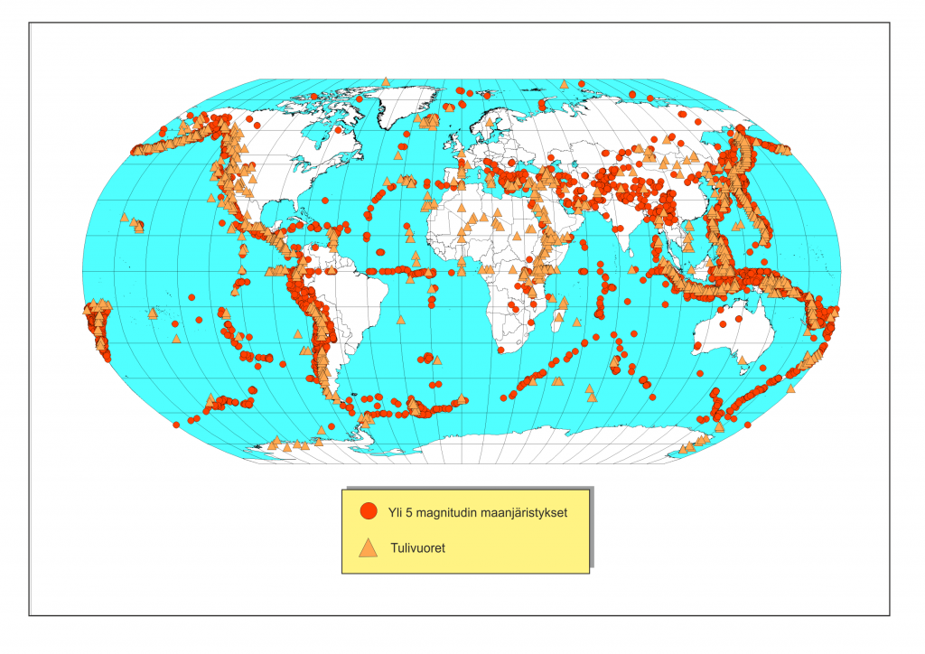 Kuva 4. Tulivuoret ja maanjäristykset samalla kartalla