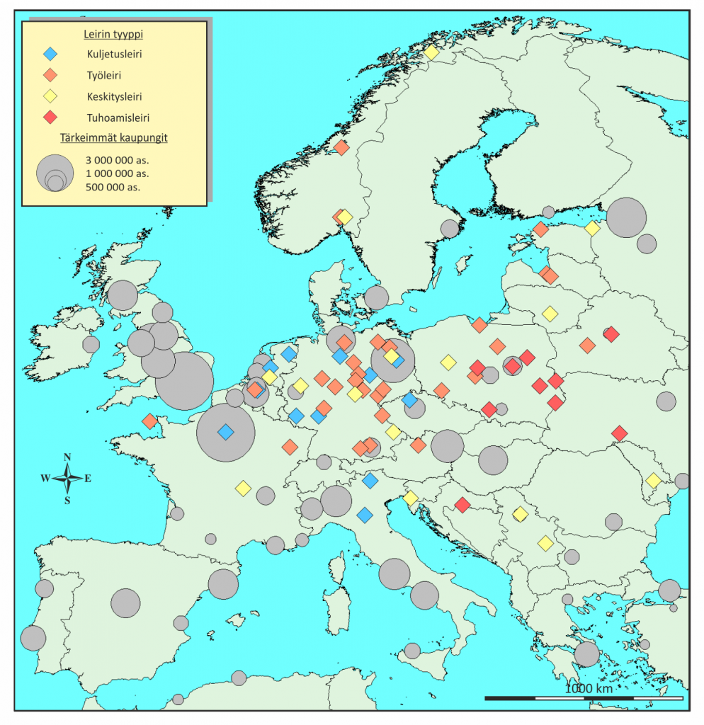 Kuva 1. Natsi-Saksan keskitysleirien levinneisyys 1933-1945 sekä Euroopan merkittävimmät kaupungit asukaslukuineen v.1950 