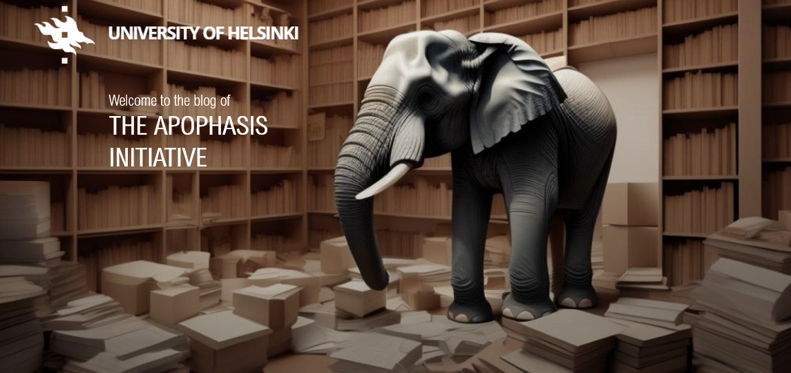 AI-generated image representing the proverbial elephant in the room, only here, the elephant is literally standing in an archive full of documents, kept in files in bookcases and scattered around on the floor. The text on the image says: Welcome to the blog of the apophasis initiative.