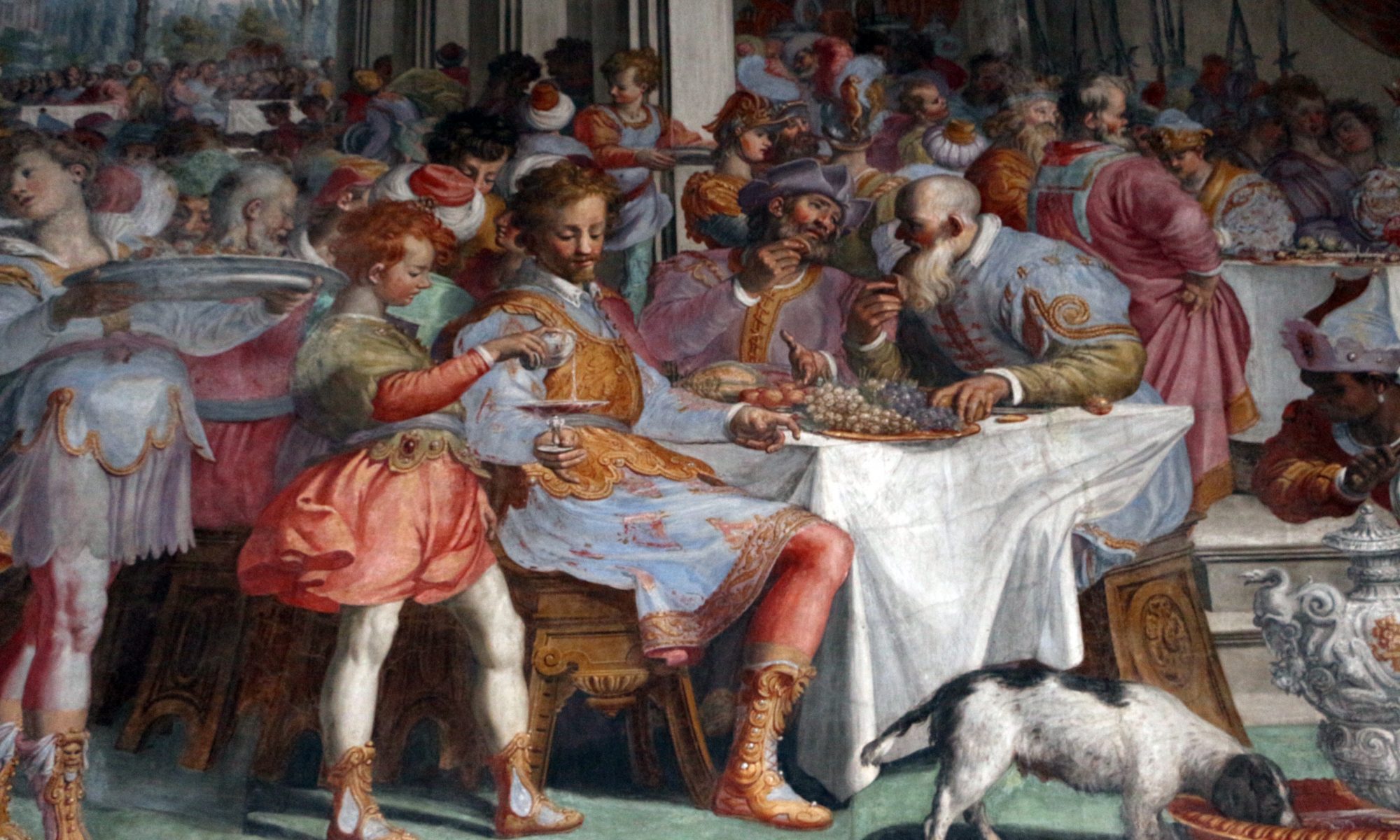 This fresco painting (1590-94) by Agostino Ciampelli depicts a lively and crowded banquet. The painting is situated in Palazzo Tornabuoni, a privately owned Renaissance palace in Florence.