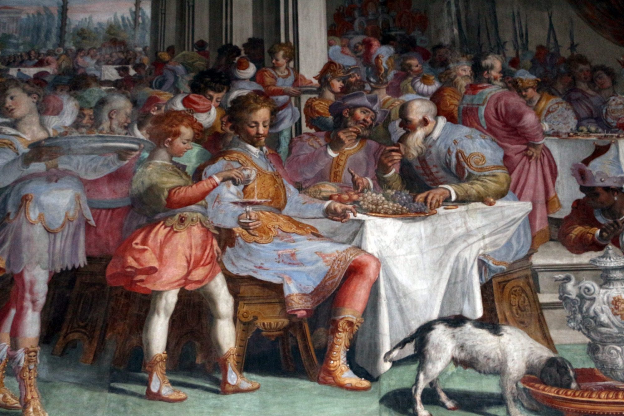 This fresco painting (1590-94) by Agostino Ciampelli depicts a lively and crowded banquet. The painting is situated in Palazzo Tornabuoni, a privately owned Renaissance palace in Florence.