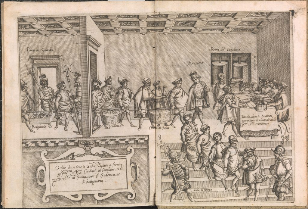 Here we see an engraving from Bartolomeo Scappi’s cookbook Opera, which portrays a food service to the cardinals during the conclave of 1549–1550. A procession of servitors is carrying and serving the dishes to the cardinals, but the actual food cannot be seen.