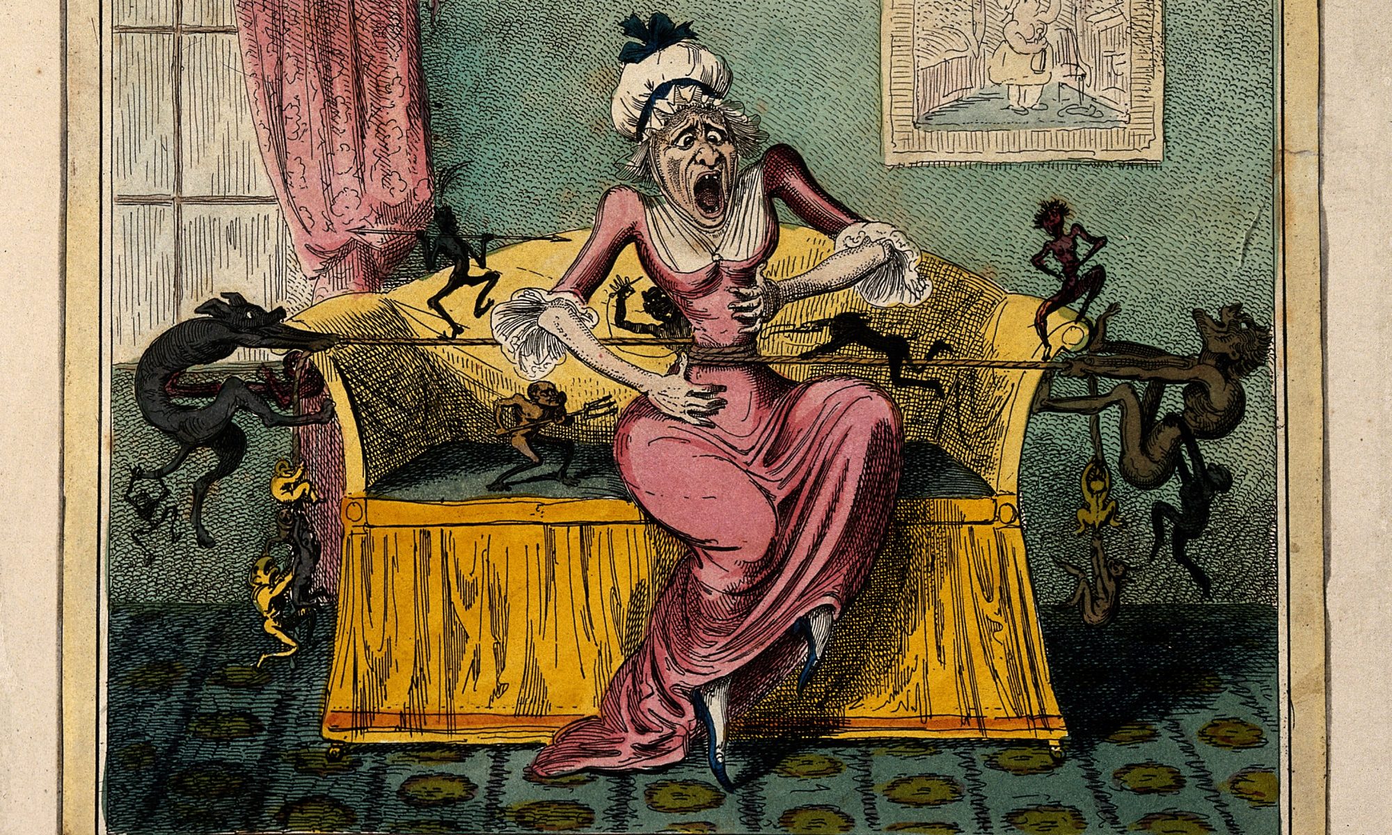 This coloured etching by G. Cruikshank from 1819 depicts a woman suffering the pain of cholic, illustrated by demons tugging on a rope wound around her stomach. (The image is from the Wellcome Collection.)