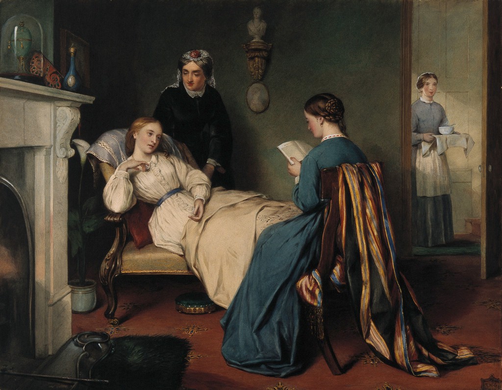 On this watercolour painting by R.H. Giles, we see a girl reading to a convalescent girl, while a nurse brings in the patient’s medicine. (The image is from the Wellcome Collection.)