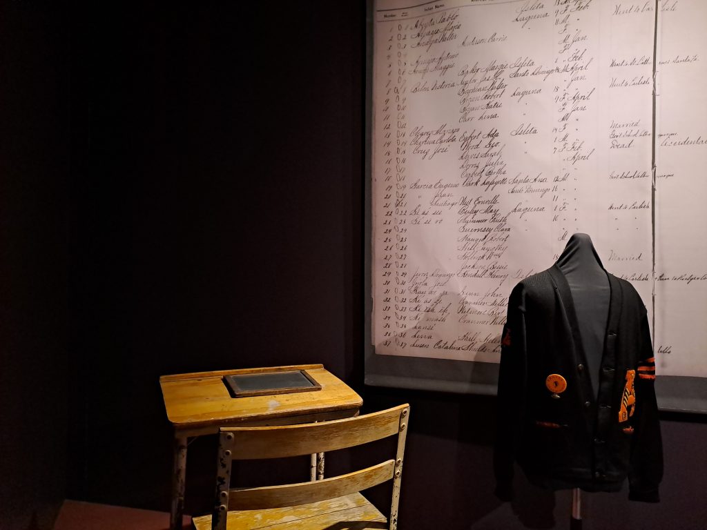 The author included a photo, taken in November 2023 at the Indian Pueblo Cultural Center in Albuquerque. In the foreground of the picture, we see a wooden school desk with chair, and next to it, a letterman jacket from the 1950s on a male mannequin torso. The background depicts some school documents from around the same time.