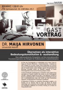 A poster advertising the guest lecture by Maija Hirvonen at University of Vienna.