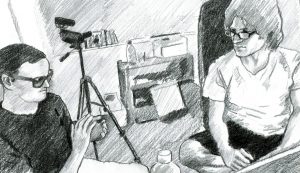 A B/W drawing of two men seated in an office.