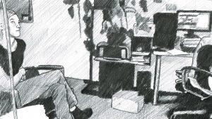 Four B/W drawings of people seated in home offices.