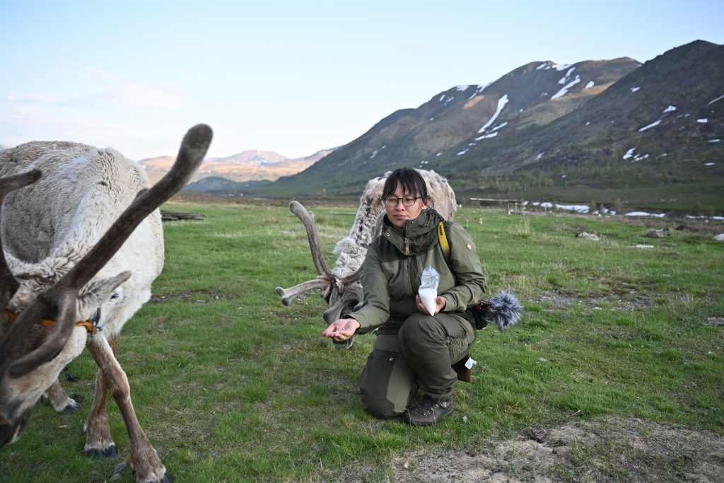 Victoria with reindeer in Mongolia