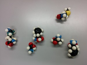 Molekyylimallisarjalla rakennettuja aminohappoja.