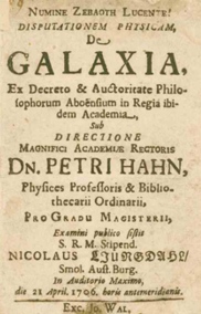 Väitöskirja De galaxia vuodelta 1706.