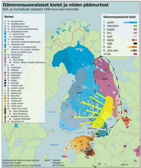 Karttakuva, jossa eri väreillä merkitty itämerensuomalaisten kielten puhuma-alueet