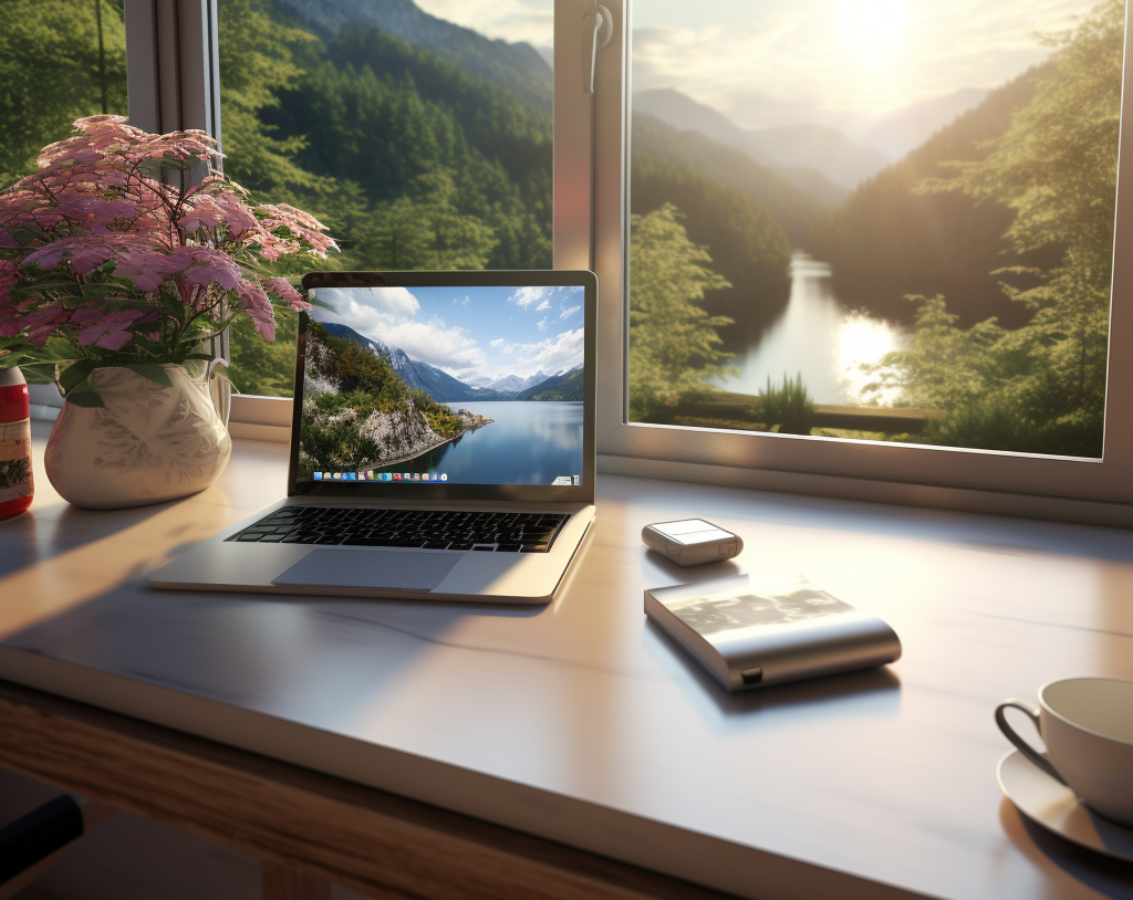 Computer on the table with beautiful scenery seen in the window