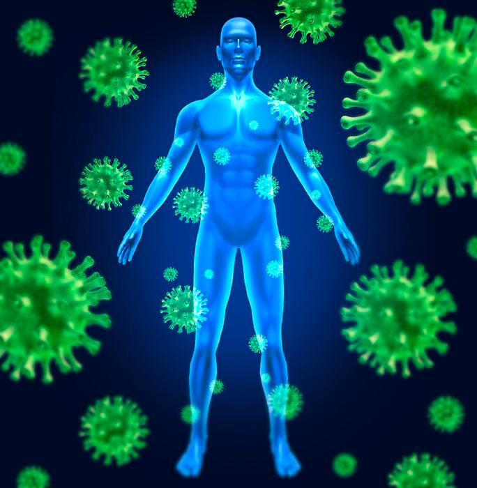 Blue glowing human figure and several green coronavirus visualizationson a dark background