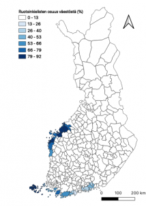 Equal Count: jakaa datan luokkiin, joissa jokaisessa on yhtä monta kuntaa. Viimeisessä luokassa ovat kaikki yli 5,6% ruotsinkielisiä sisältävät kunnat: mielestäni tämä skaala on liian suuri. Lisäksi esimerkiksi toinen luokka on 0,1–0,1, joka on hieman kyseenalainen: tämä luokittelu tarvitsisi enemmän desimaaleja. Lisäksi katsoja saattaa karttaa vilkaistessa ajatella, että pohjoisessakin on suuria prosentteja ruotsinkielisiä, vaikka prosentteja katsoessa kunnissa on väliltä 0,2-5,6% ruotsinkielisiä.