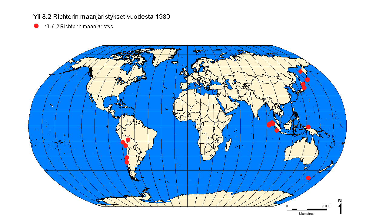 Kuva 2. Kartta yli 8.2 Richterin maanjäristyksistä vuodesta 1980