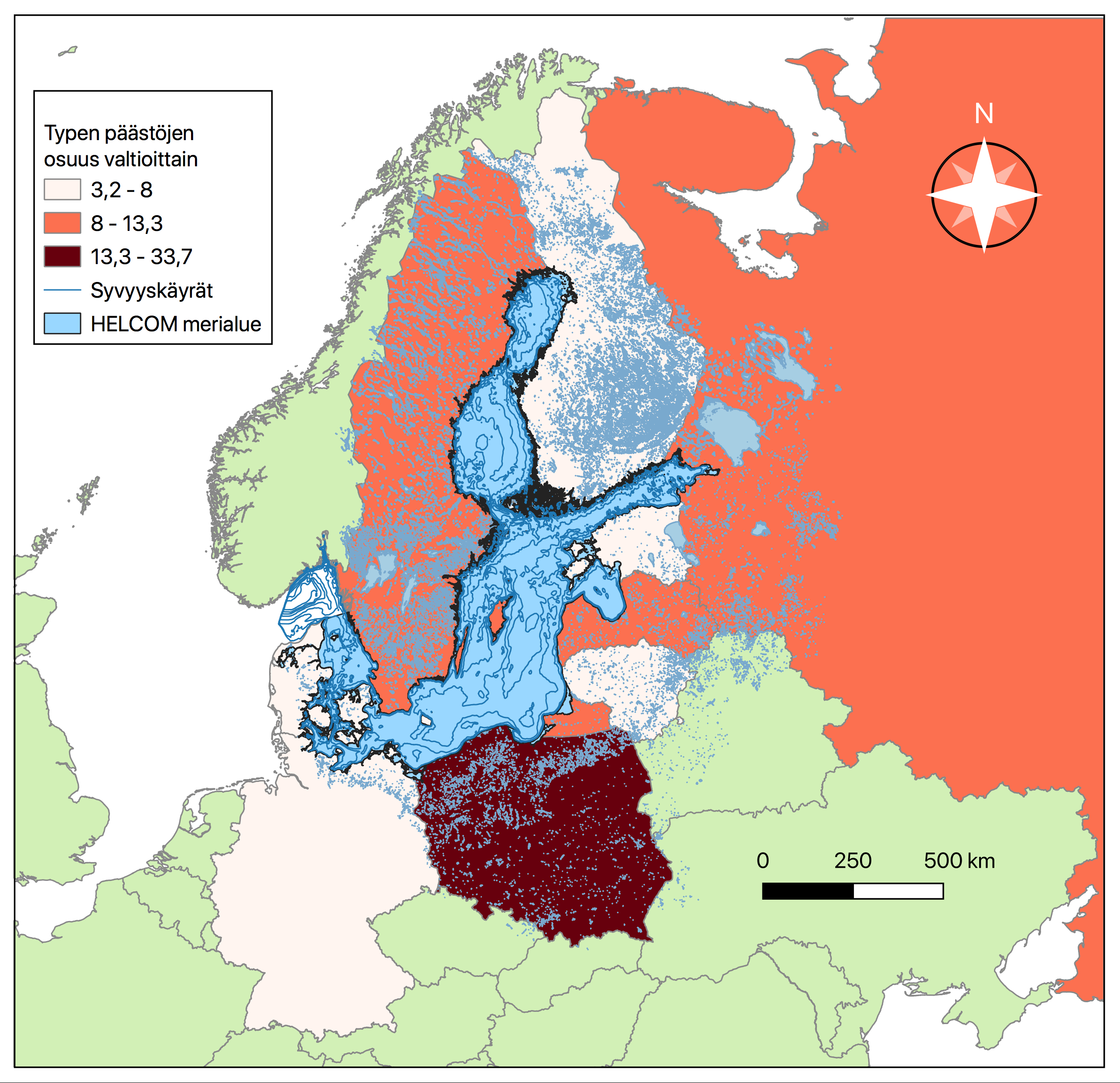 Pohjois-Euroopan kartta joka on keskittynyt Itämeren ympärysvaltioihin. Typen päästöjen osuudet valtioittain on luokiteltu asteikoilla vaaleanpunainen 3,2-8, punainen 8-13,3 ja tummanpunainen 13,3-33,7. Vaaleanpunaisina eli typpipäästöiltään pieniosaisimpina valtioina on väritetty Saksa, Tanska, Liettua, Viro ja Suomi. Punaisella eli keskisuurilla päästöillä on väritetty Ruotsi, Latvia ja Venäjä. Ainoana suuripäästöisenä maana tummanpunaisena on värjätty Puola. Loput kartassa näkyvät Euroopan maat ovat taustakarttana ja väriltään vaalean vihreitä, sillä ne eivät ole osana typpipäästötilastoja.