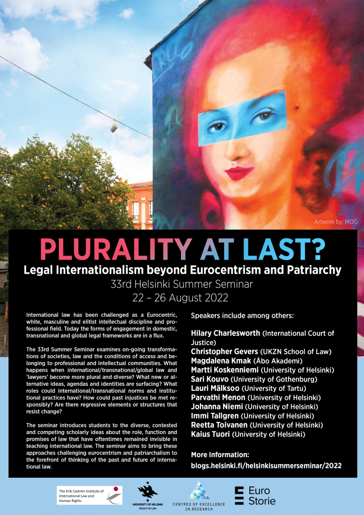 Helsinki Summer Seminar 2022 poster including seminar description, list of lecturers and photo of mural of Olympe de Gouges by French artiste MOG.