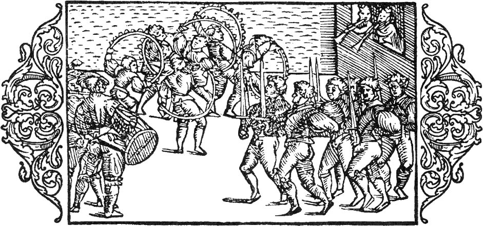 "Miekkatanssi" Olaus Magnuksen teoksessa Historia de gentibus septentrionalibus, 1555