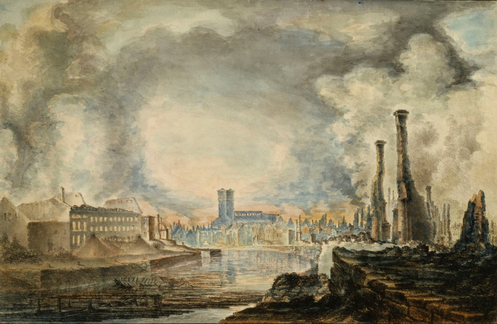 Åbo efter branden. Ruiner af Åbo, en kolorerad litografi av Gustaf Finnberg, 1827.