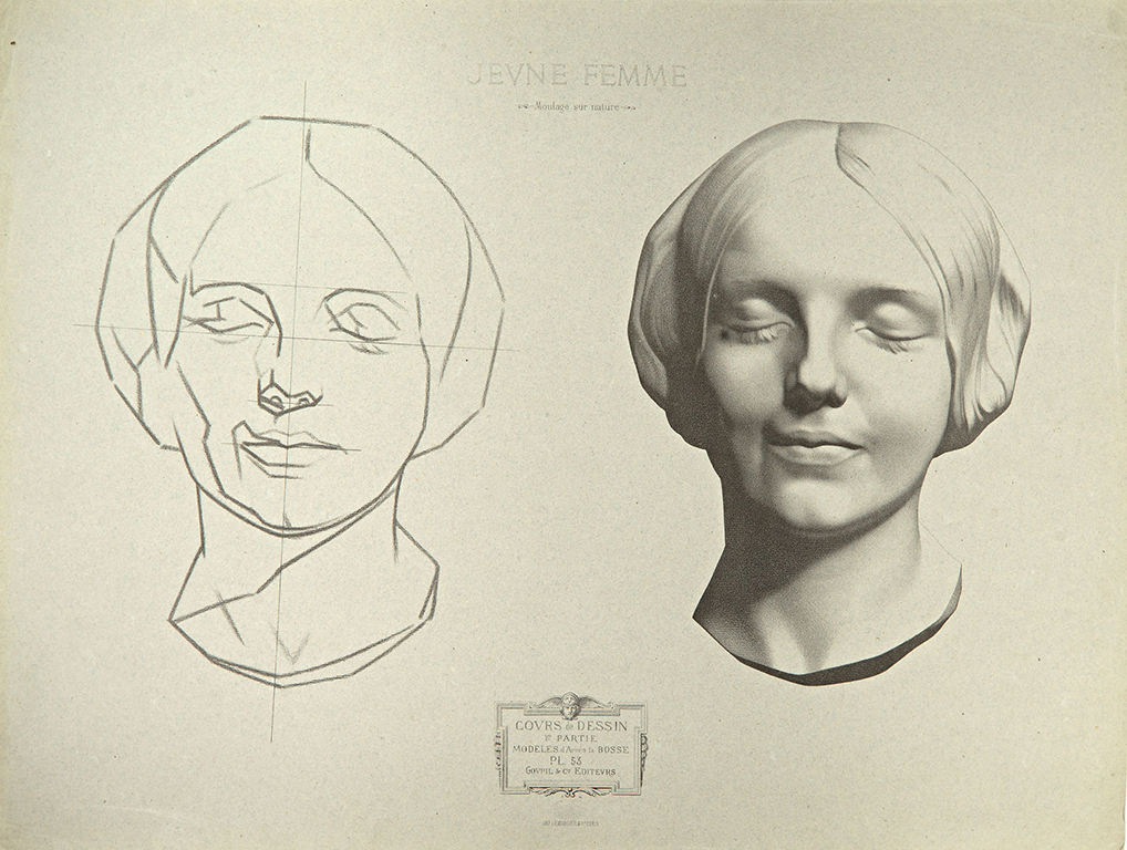 På sidan visas två tryckta teckningar: en skiss av en kvinnas ansikte och samma ansikte noggrant tecknat.