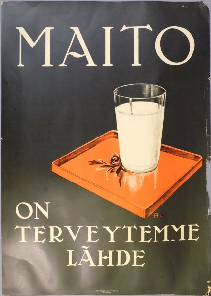 Affisch med ett stort glas mjölk på en orange bricka. Runt bilden finns texten: ”Mjölk är källan till vår hälsa”