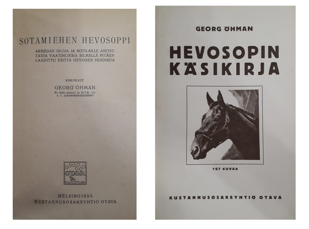 Två bokomslag, den ena boken heter Sotamiehen hevosoppi och den andra Hevosopin käsikirja. Den sistnämnda har en omslagsbild av ett mörkt hästhuvud.