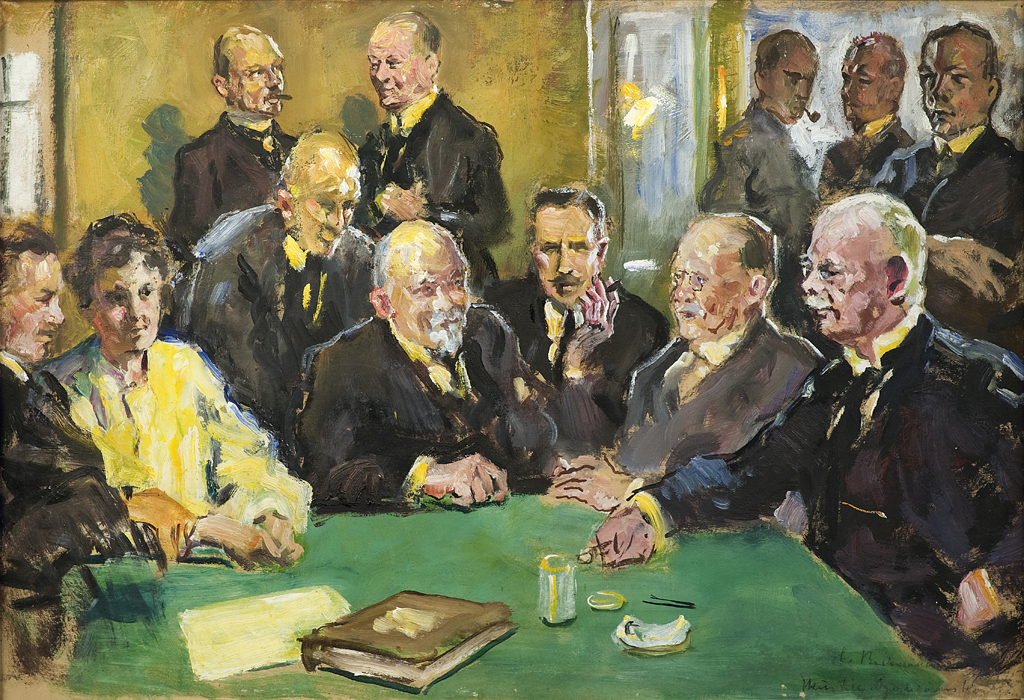 A roughly painted image which features 11 men and one woman indoors, as does the completed painting. The men are dressed in dark and the woman in light colours. There is a green table in the foreground, and windows and a yellowish wall in the background.