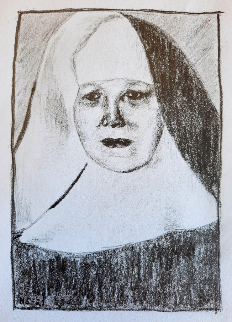 A pencil drawing of a half-length portrait of a nun in a black-and-white habit. The colour of her veil is black on the outside and white on the inside.