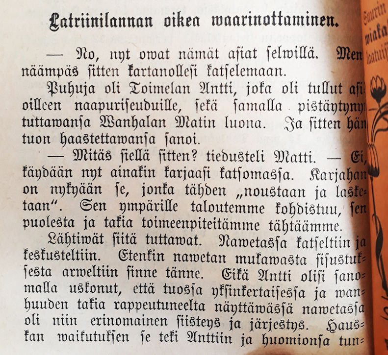 The photo shows a text printed in Gothic type from the 1899 calendar. An abridged version of the text is available above.