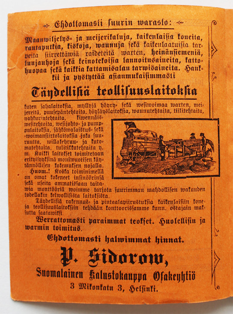 A photo of an orange calendar page with an advertisement printed in Gothic type as well as an illustration presenting the use of the marketed tools. The picture shows three men, carriages and sheaves. 