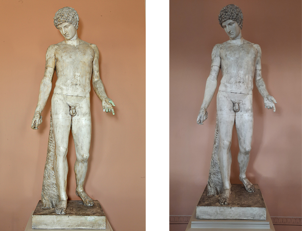 Two photos of the statue of Antinous taken from the front, showing a standing nude male figure. 