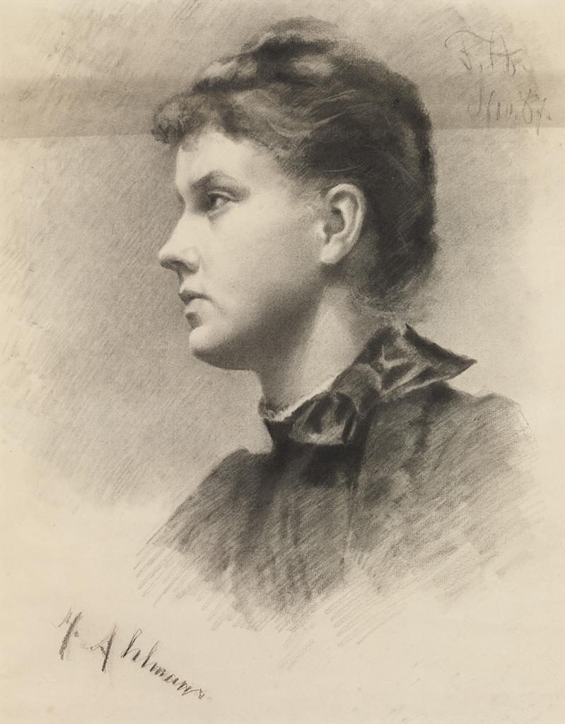 A charcoal drawing of a woman in profile, looking to the left. Her hair is tied up, her gaze is intensive, and she is wearing a shiny bow around her neck.