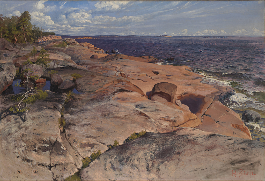 Almost three-quarters of this oil painting are taken up by coastal cliffs, which are bounded by the sea. Surging waves can be seen on the right, while tree-covered islands and clouds are dimly visible on the distant horizon. On the uppermost left corner, pine trees cling to the top of the cliffs.