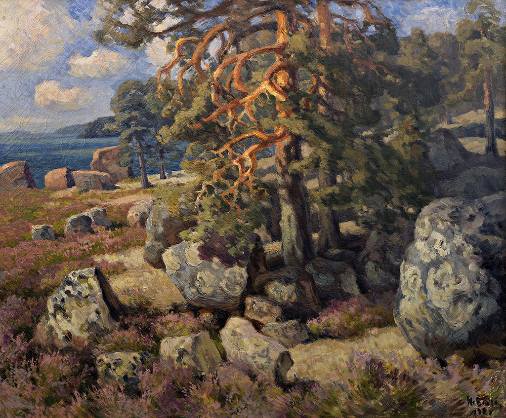 An old painting with rocks and heather in the foreground, and two pine trees, of which the one on the left is thicker, in the centre. In the background is a seascape, including rocks and forest on the shores. A blue sky and scattered white clouds are visible at the top of the painting.