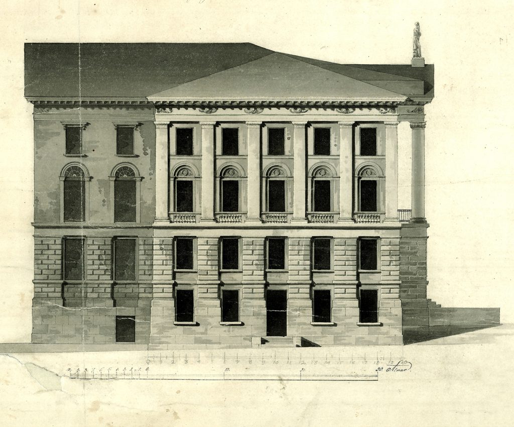 A detail of an architectural drawing. The façade of a building. 