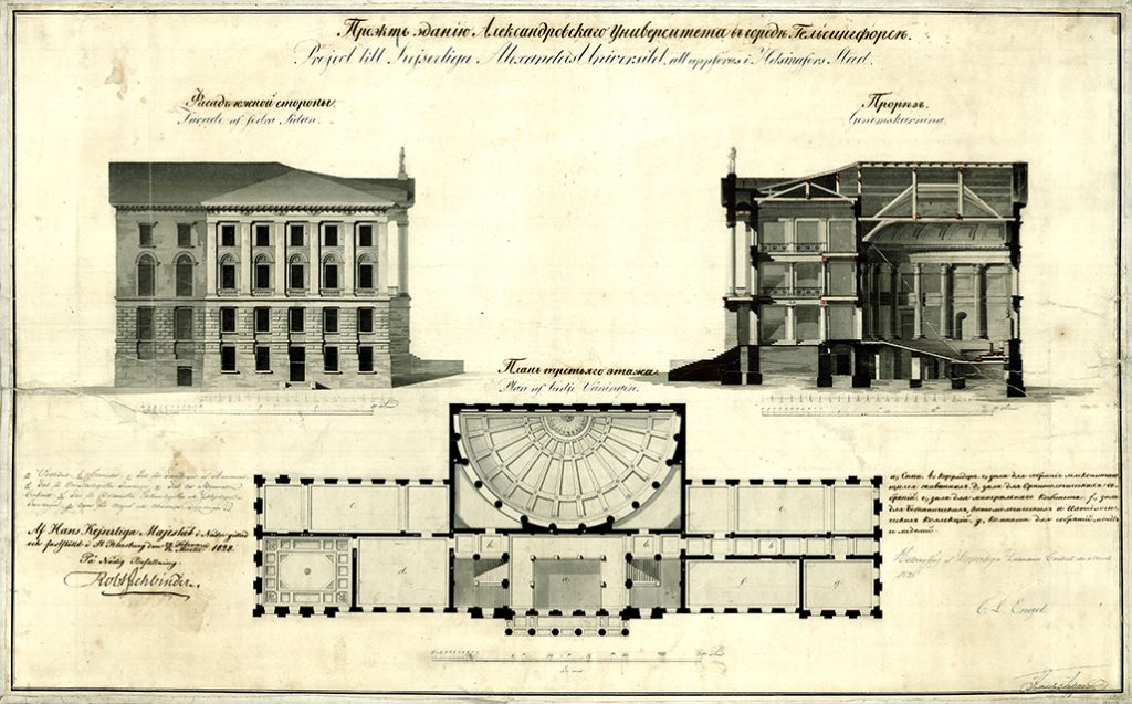 A wash drawing of the façade, stairwell and ceremonial hall of a building, with handwritten text in Swedish and Russian.
