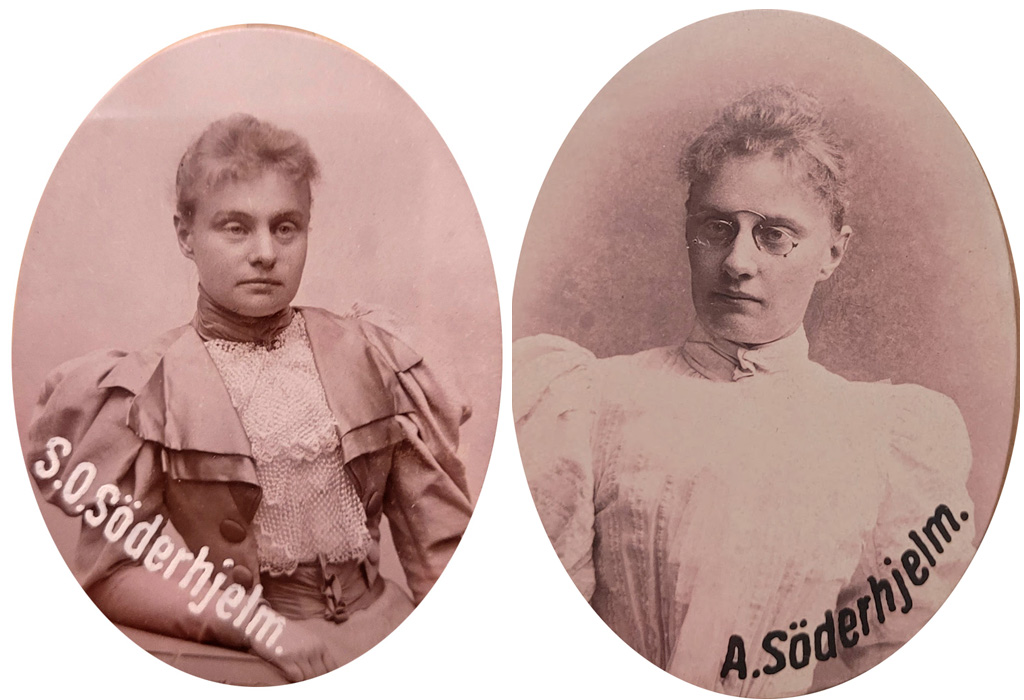 Two oval photos, each of a woman in festive attire.