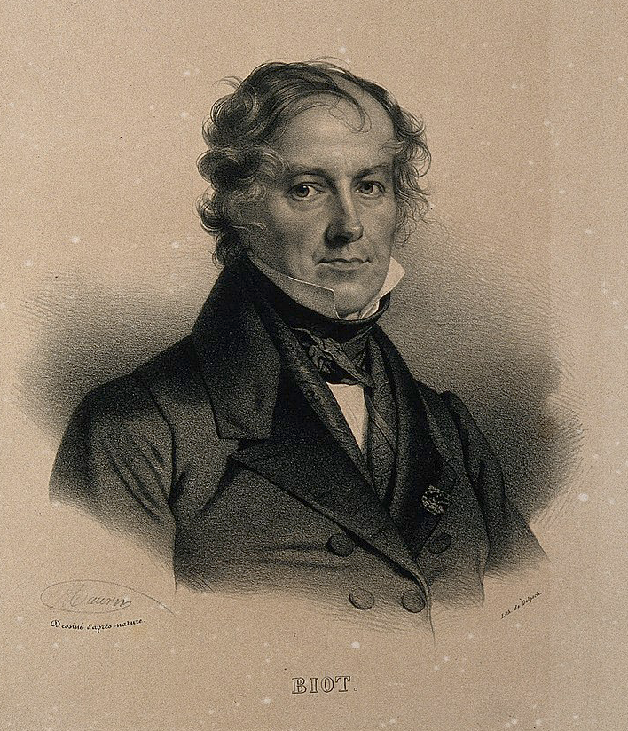 A black-and-white lithograph showing the head and shoulders of a neatly dressed man with a bald pate and curly hair on the sides. The man is wearing a shirt with high white collars and a dark bow and jacket, and is looking straight at the viewer. The word BIOT appears at the bottom of the image.