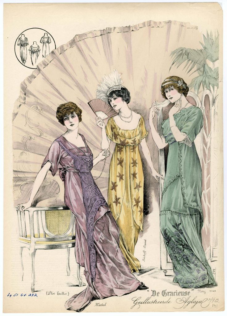 A fashion illustration of three women in purple, yellow and green festive outfits. Each outfit is different, but all have a narrow hem, a flounce at the hip, short sleeves and an accentuated top part.