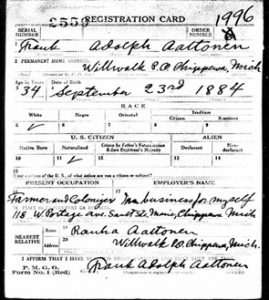 Frank Aaltonen I World War draft card