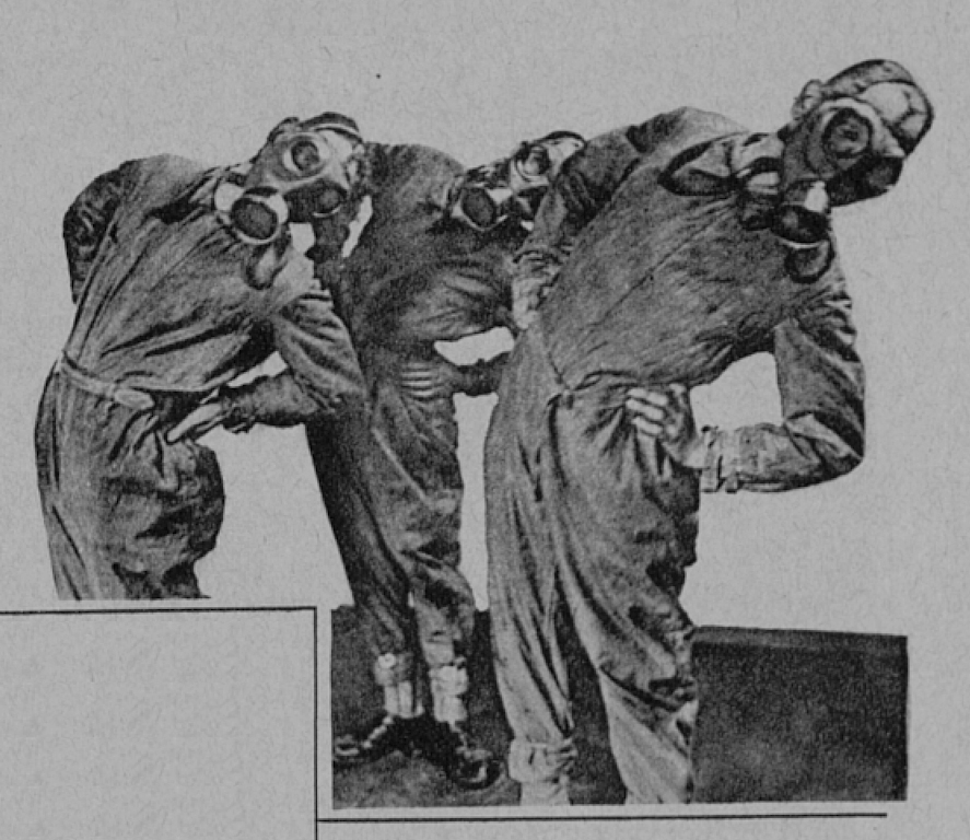 Hakkapeliitta-lehdessä julkaistu piirroskuva kolmesta haalariin ja kaasunaamariin pukeutuneesta miehestä tekemässä ruumiillista harjoitusta. Miehet seisovat kädet lanteilla ja taivuttavat ylävartaloaan sivulle. Kuva on mustavalkoinen.