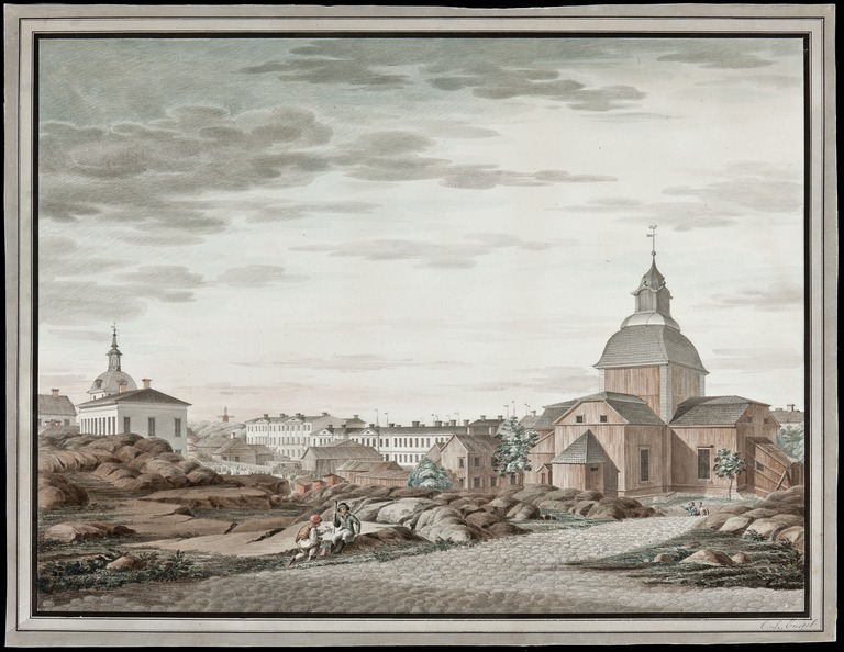 Maisemamaalaus, jossa näkyy Helsingin vanhoja rakennuksia ja kalliota, etualalla oikealla on kuvattuna puinen kirkko.