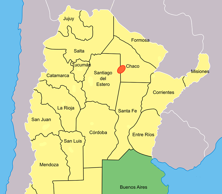 Kartta Argentiinan pohjoisosasta, jossa Argentiinan maakunnat on merkitty vaaleankeltaisella. Santiago del Esteron ja Chacon rajalla on punainen soikio, joka merkitsee Campo del Cielon meteoriittien putoamisasluetta.