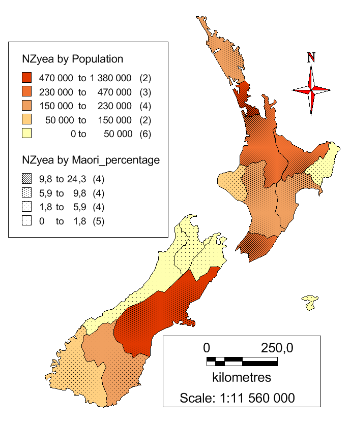Uuden Seelannin alueelliset populaatiot sekä Maorien osuus.