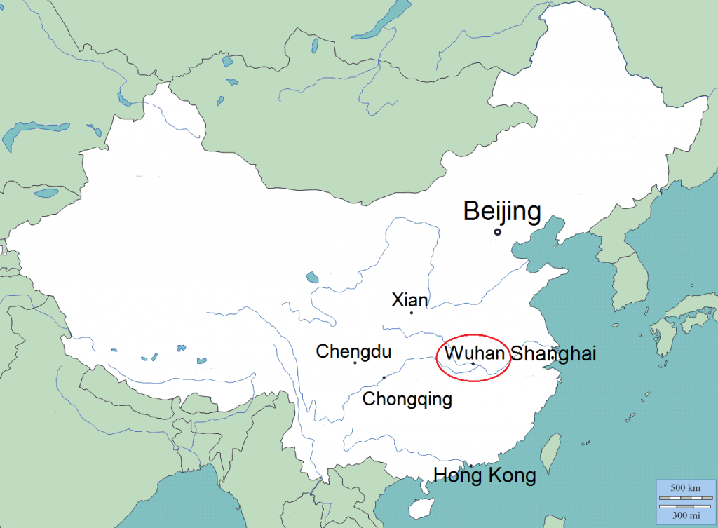 Wuhan sijaitsee Keski-Kiinassa Jangtsen varrella noin 1000 km Pekingistä etelään ja noin 400 km Shanghaista länteen. D-maps: 