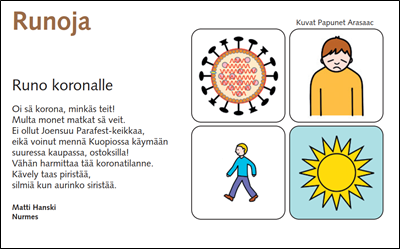 Runo koronan aiheuttamista tunteista. Sivulla myös neljä arasaac-kuvaa: koronavirus, ihminen, kävelevä ihminen ja aurinko.