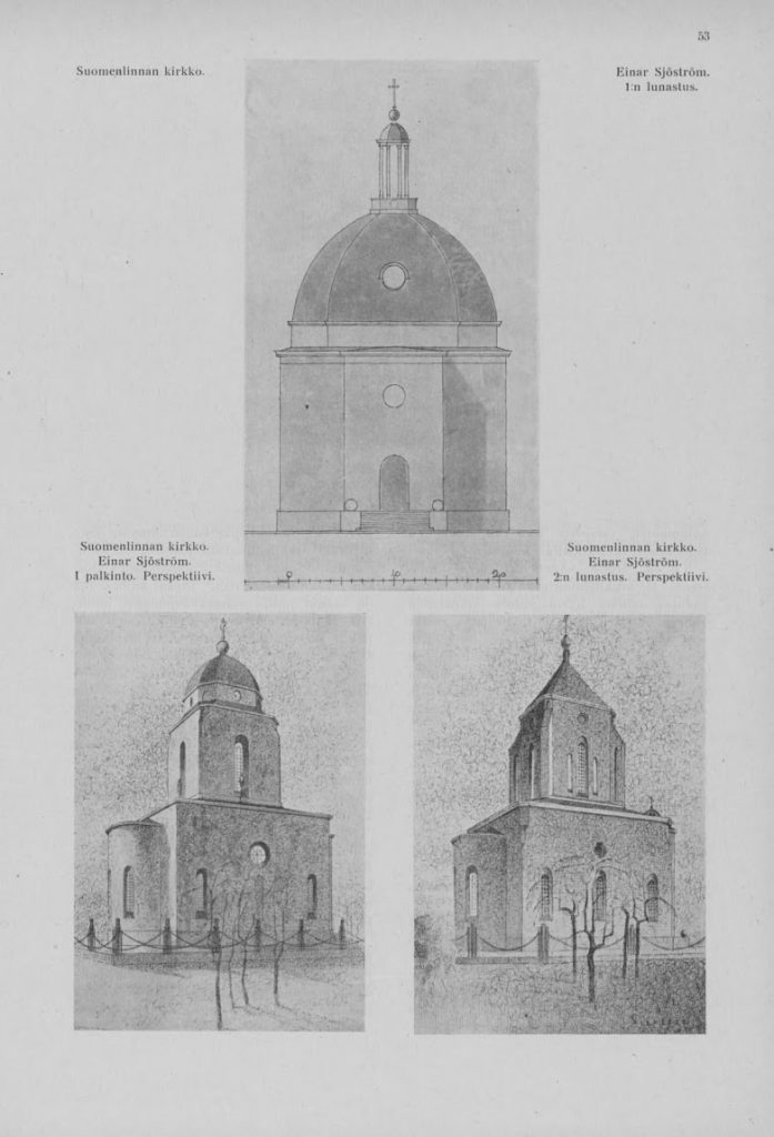 Lehden harmaasävyinen sivu, jossa kolme piirrettyä kuvaa yksinkertaisesta kirkkorakennuksesta.
