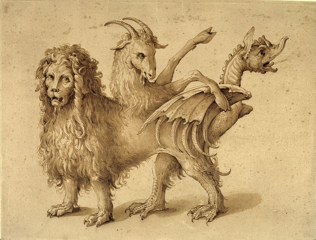 Kuvassa piirros hybridihirviöstä, jolla on leijonan, vuohen ja lohikäärmeen päät, tassut, sorkat ja räpylät sekä lepakon ja linnun siivet.